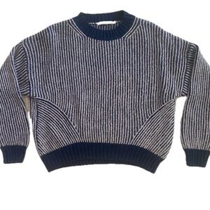 Chiaramente Italian Boxy Knit Sweater Size Large Beige Navy Wool Blend EUC